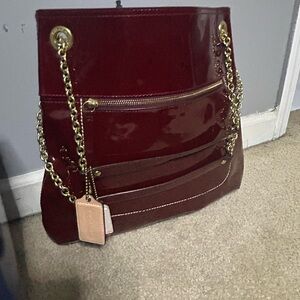 Coach Burgundy Patent Leather Shoulder Bag with Gold Accents